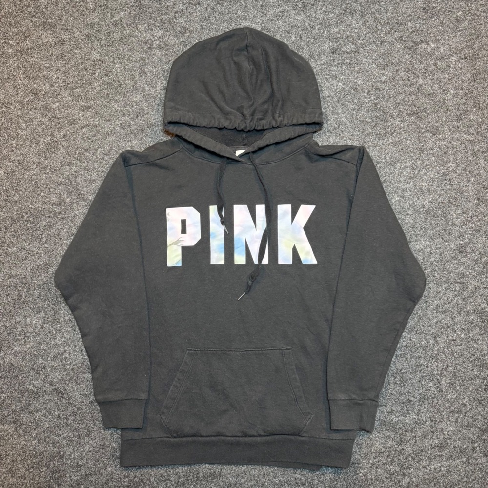 Victorias Secret PINK Hoodie Black Pastel Logo Pullover Small